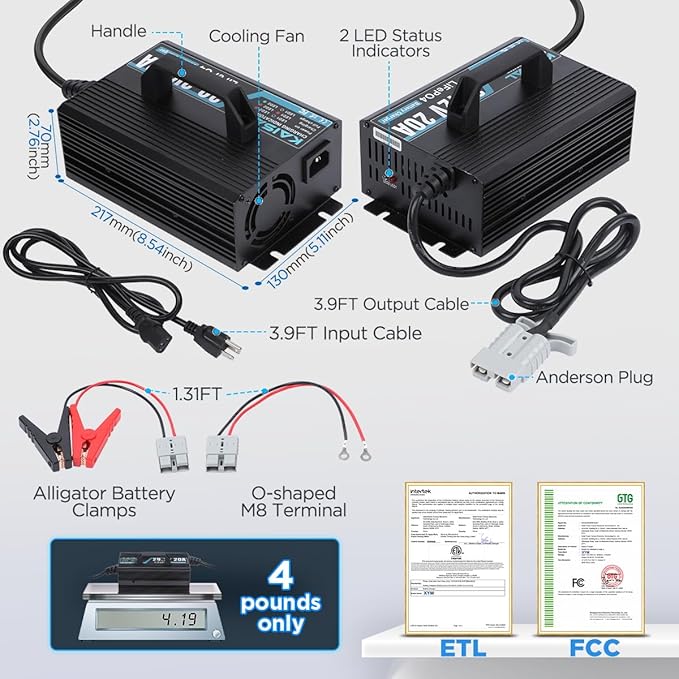 24V 20A Lithium Battery Charger 29.2V LiFePO4 Battery Charger 24 Volt Lithium Charger 0V Wake Up LiFePO4 Charger with Indicator, 3 Connectors for 25.6V LiFePO4 Battery of RV, Boat,Truck, Marine, Solar