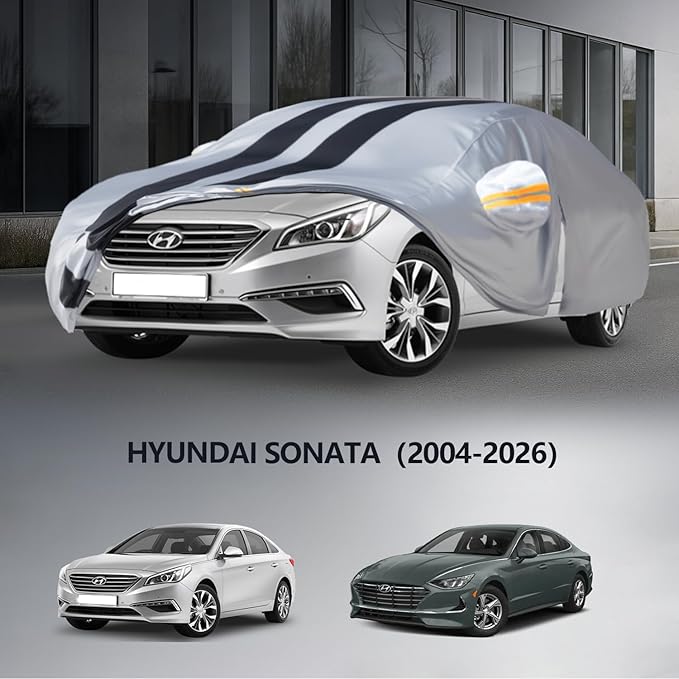 Multi-Layer Car Cover Custom Fit for Hyundai Sonata(2004-2026), 100% Waterproof All Weather for Automobiles, Gift with Towel, Heavy Duty Car Covers for Rain Sun UV Protection with Door Zipper