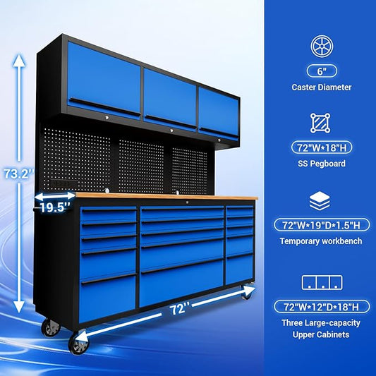 CHETTO C 72-Inch Tool Chest with Wheel Lock 15 Storage Drawers 3 Upper Cabinet Pegboard with Power Outlet for Large Warehouse Garage Toolbox