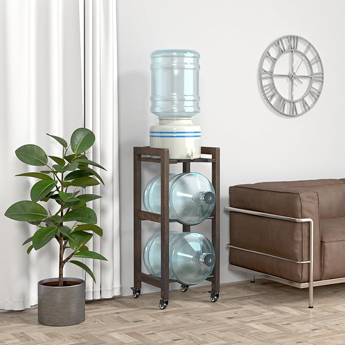 3-Tier 5 Gallon Water Jug Holder with Top Shelf ā 4 Metal Wheels or Adjustable Feet ā Natural Hardwood Water Dispenser Floor Stand ā Wooden Organizer for Kitchen, Office, Garage ā Space-Saving Design