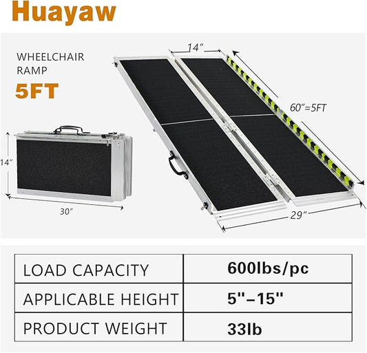 Wheelchair Ramp 5FT, Anti-Slip Aluminum Folding Handicap Portable Ramp, Wheelchair Ramps for Home Steps, Stairs, Doorways, Scooter Ramp