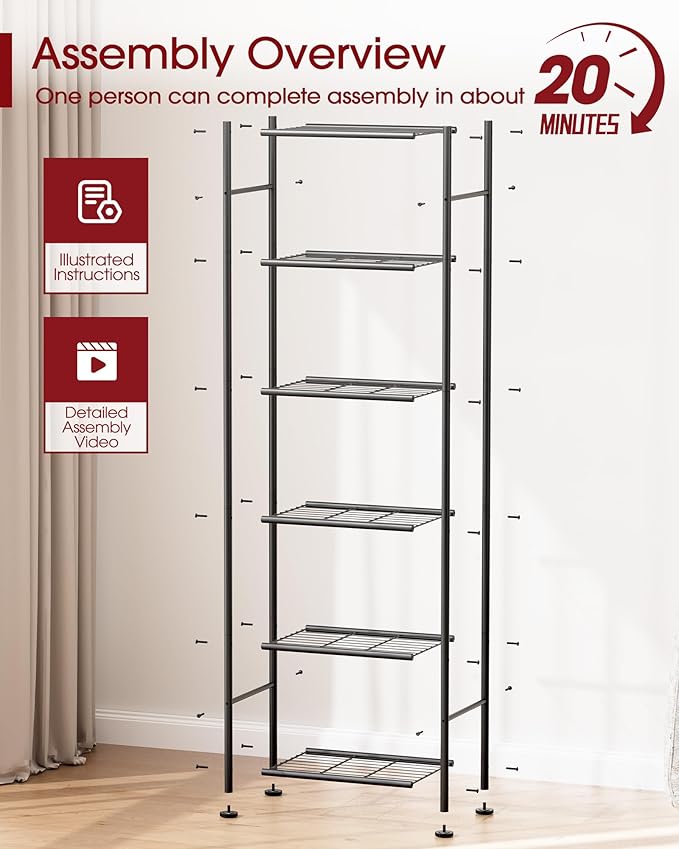 Sakugi 6-Tier Metal Storage Shelves - Slim Shelf Organizer with Reinforced Side Bars, Spacious Storage for Kitchen, Bathroom, and Laundry Room Organization, 18.2" x 12.5" x 70.1", Black