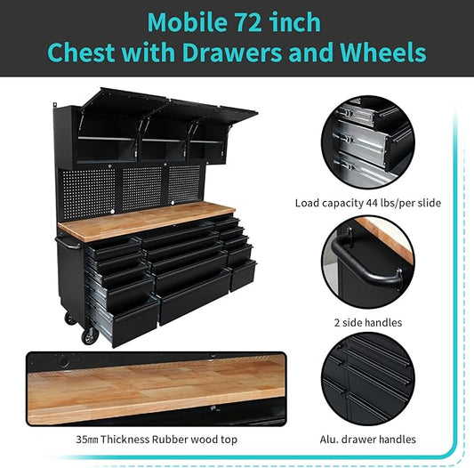CHETTO C 72 inch Tool Chest Tool Box Mobile 15 Drawers Storage 3 Upper Cabinets SS-Pegboard Rolling Cabinet with Wheels Lock Key Locking System Drawer Liners for Garage Warehouse Repair Shop Black