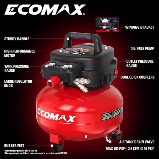 ECOMAX Air Compressor 6 Gallon 150 PSI Pancake Portable Oil-free Tank with 10 PCS Accessories Kit