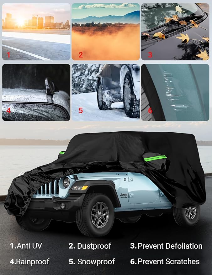 Proadsy 6 Layers Car Cover Custom Fit for Jeep Wrangler 4 Door JK JL YJ TJ 2006-2024 2025 2026 Windproof All Weather Waterproof Sun Rain UV Dust Snow Protection Outdoor Covers