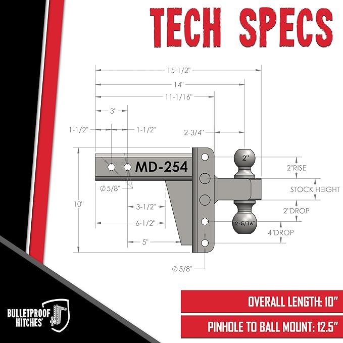 BulletProof Hitches - 2.5" Adjustable Medium Duty Trailer Hitch (14,000 lb. Rating) - 4" Drop/Rise Trailer Hitch with 2" & 2-5/16" Dual Ball - Powder Coat, Box Steel, Corrosion-Resistant