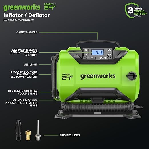 Greenworks 24V Cordless Tire Inflator, 160 PSI Portable Air Compressor, 2 Power Sources, Auto Shut Off, for Car, Bicycle, Motorcycle, Air Boat, Inflatables With 2.0 Ah Battery & 2A Charger