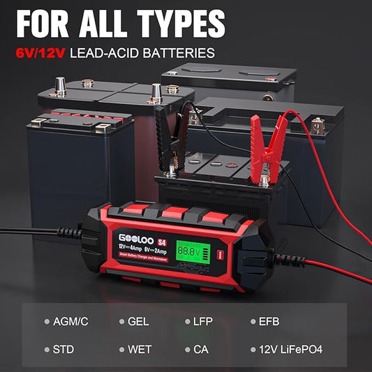 GOOLOO S4 4 Amp Car Battery Charger Automotive, 6V/2A 12V/4A Smart Trickle Charger Maintainer with Supply Mode, Automatic Motorcycle Battery Charger for Truck Lawn Mower RV Boat Lead-Acid Battery