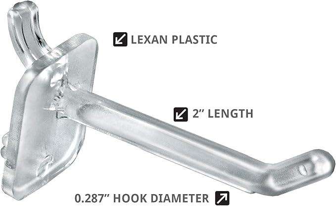 Azar Displays 800002-C Pack of 50 Clear Pegboard Hooks (Also Available in Black & White) - 2” Pegboard Hook Set (4” & 6” Pegboard J Hooks Also Available) - Polycarbonate Plastic Hooks for Retail