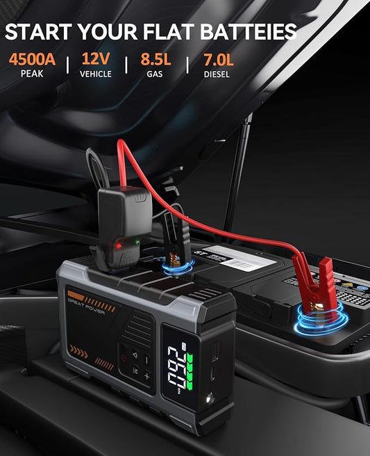 Portable Jump Starter with Air Compressor 4500A Peak with 150PSI Tire Inflator, Jump Box for 12V Car Battery Power Booster Pack (Up 8.5L Gas/7.0L Diesel Engine)