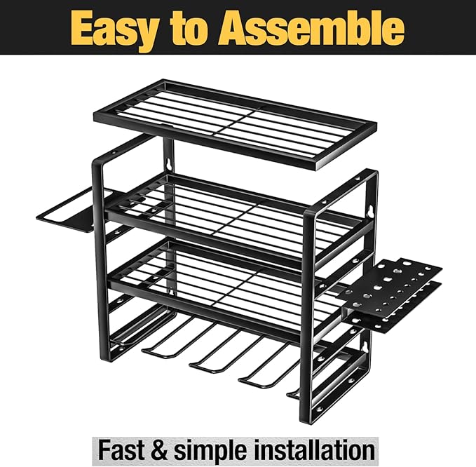 YYR 4 Layer Power Tool Organizer Wall Mount, Cordless Drill Hanger Storage Rack, Battery Tools Holder with Charging Station Shelf for Garage Organization, Workshop, Pegboard, Shed - 16 Inch 4 Slots