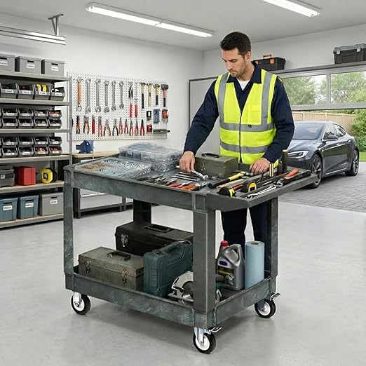 DWVO 2 Tier Utility Cart on Wheels, 550 lbs 2 Shelf Heavy Duty Plastic Rolling Carts, 45 x 25 in Plastic Tool Cart Work Cart with Locking Swivel Wheels & Handle for Warehouse Garage School & Office