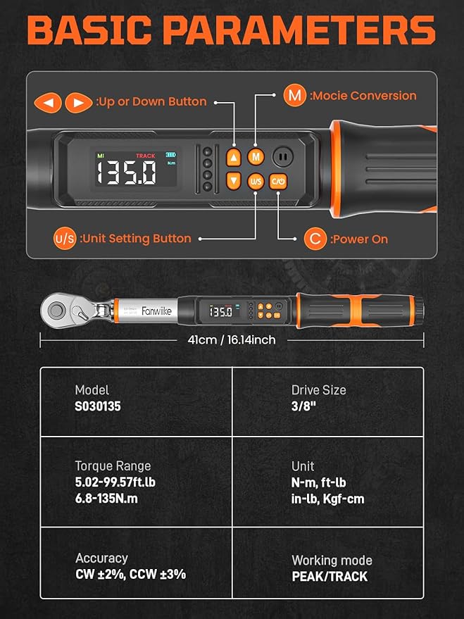 3/8" Drive Digital Torque Wrench, 5.02-99.57 Ft.lb/6.8-135 Nm, Inch Pound Torque Wrench Electronic with Buzzer & Colorful LED Indicator, Torque Wrench Set for Cars Automotive Motorcycle