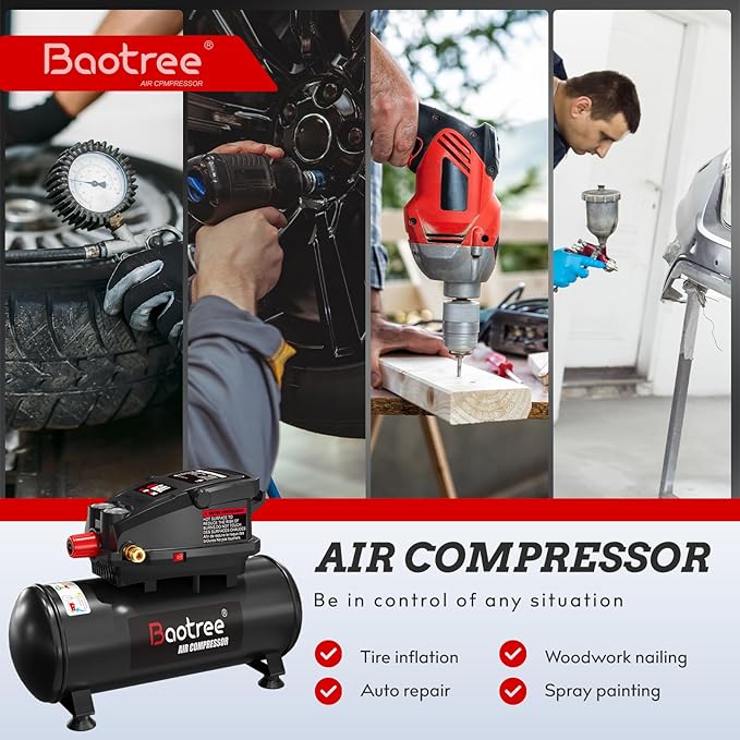 Baotree Portable Air Compressor, 4 Gallon Max 110PSI Oil Free Air Compressor Tank, 0.5HP Motor 0.6SCFM@90 PSI,1.0SCFM@40PSl Garage Air Compressors for Car Repair, Spray Painting, Woodwork Nailing