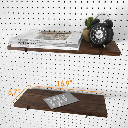 2 Pack Pegboard Shelves with Brackets, Peg Shelf Board with Hooks Fits 1/8" 1/4" Pegs Slots, Peg Board Organizer Accessories Various Tools Storage Arrange System for Garage Craft Workshop (Brown)