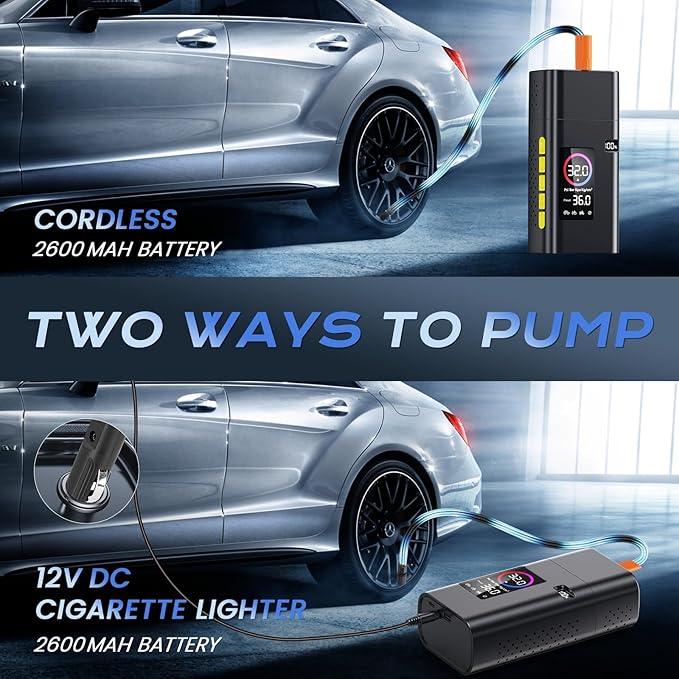 180psi Tire Inflator Portable Air Compressor,26000mah Air Pump For Car Tires,5x Fast Bicycle Pump With Digital Lcd Pressure Gauge/Led Light/Power Bank, Bike, Motorcycle(Black)