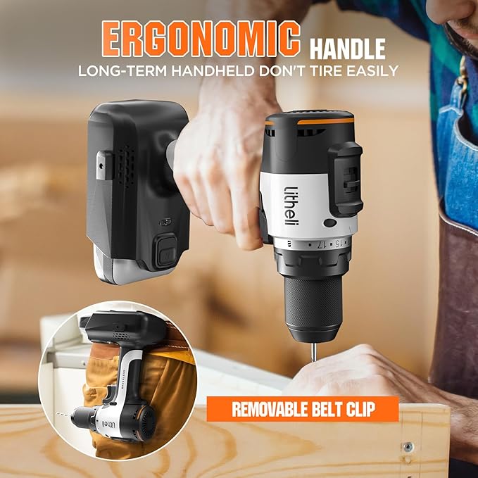 Litheli 20V Cordless Drill Driver, Brushless Power Drill with 2 Variable Speed, 1/2 Inch Keyless Chuck, Electric Drill, 17+1 Clutch Settings with Maximum Torque of 530 In-lbs