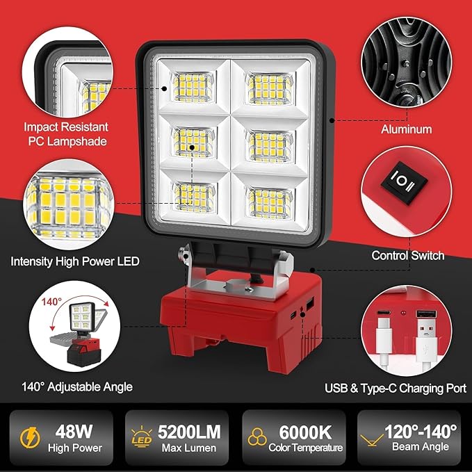 LED Work Light Compatible with Milwaukee 18V Battery, T-SUNiceM 5200LM Flashlight, 18V Battery Cordless Work Light 140°Adjustable with Low Voltage Protection for Outdoors and Job Site Lighting