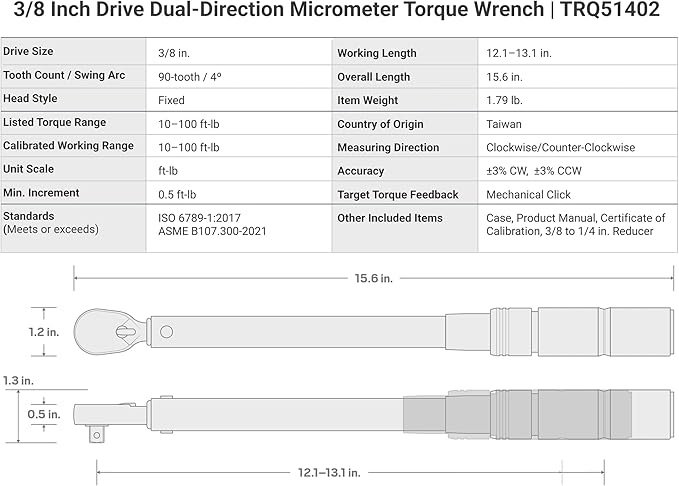 TEKTON 3/8 Inch Drive 90-Tooth Dual-Direction Micrometer Torque Wrench (10-100 ft-lb) | TRQ51402