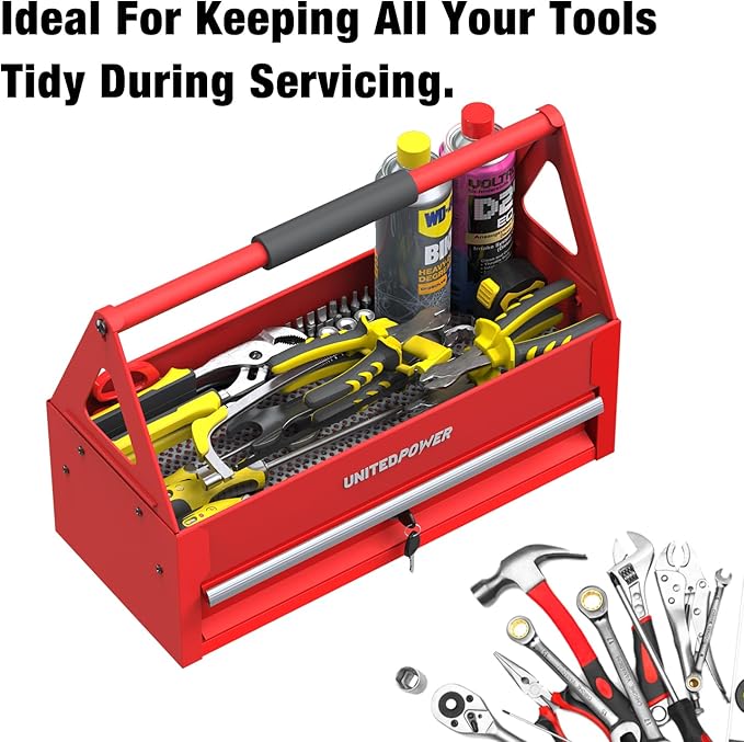 UNITEDPOWER Handy Tool Box With 1 Drawer,Portable Metal Tote Tray with comfortable grip handle, Tool Organization for Household, Warehouse, Repair Shop, Red