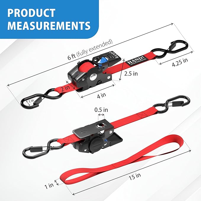 HandT USA Based Retractable Ratchet Straps (2PK) 1in x 6ft - 1,500lb Break Strength, Heavy Duty Automatic Ratchet Straps Self Retractable Tie Down, Push Button Retracting Truck Trailer Cargo | Red