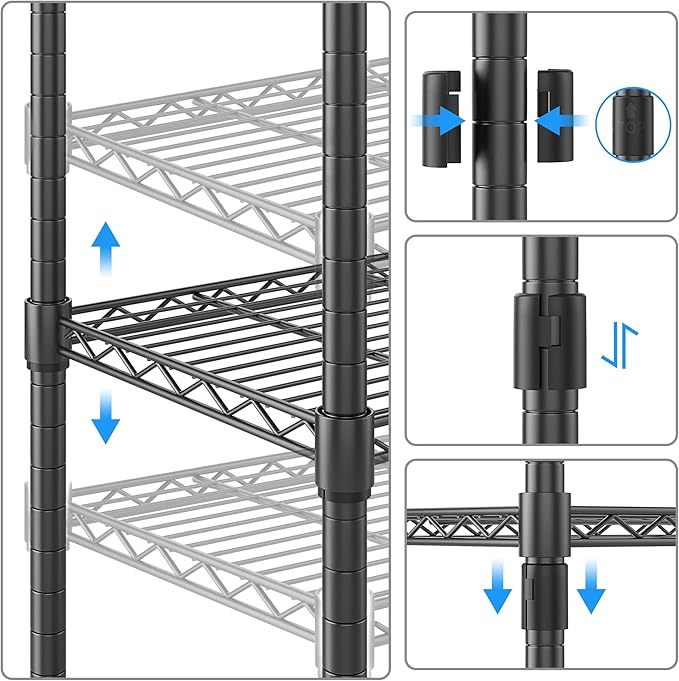 Homdox 5 Tier Wire Shelving Unit on Wheels, Adjustable Storage Racks and Shelving, Heavy Duty Rolling Metal Shelves with Side Hooks for Laundry Bathroom Kitchen Garage Pantry Organization, Black