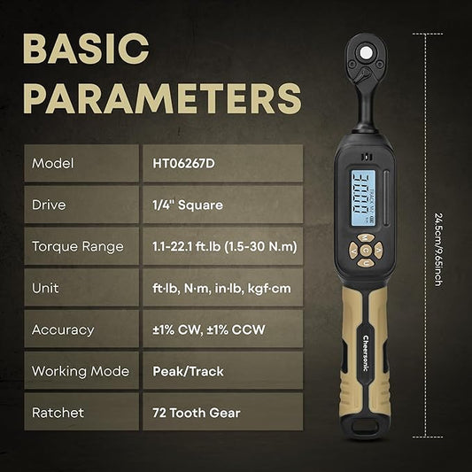 Digital Torque Wrench 1/4 drive, 1.1-22.1 ft-lb (1.5-30 Nm) ±1% Accuracy Inch Pound Torque Wrench with Buzzer and LED Electronic Torque Wrenches with Bits & Sockets for Bike Motorcycle Gunsmithing
