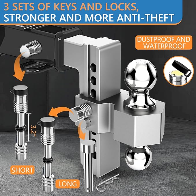 Tlvuvmo Adjustable Trailer Hitch - 8 Inch Drop Hitch (Fits 2-Inch Receiver), 12,500 LBS GTW Heavy Duty Aluminum Tow Hitches with (2" & 2-5/16") Chrome Steels Balls with 2 Anti-Theft Pin Locks
