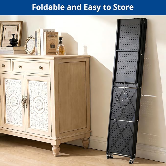 5 Tier Foldable Storage Shelf with Wheels, Heavy-Duty Metal Shelving Unit, No Assembly Book Shelf Rolling Storage Rack for Garage, Kitchen, Pantry, Closet, Exhibition, Office Decor, Black