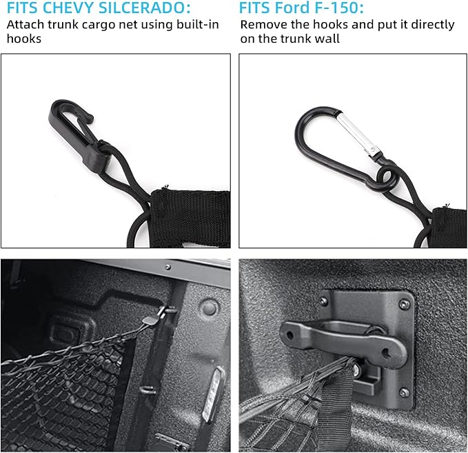 Cargo Net for Pickup Truck Bed for Trunk Organizers and Storage Additional with 4 Metal Carabiner Buckles - Silverdo, Ford F150,GMC