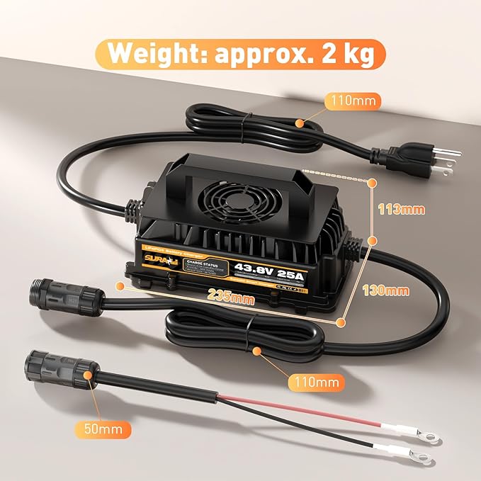 Suraziki 36V Lithium Golf Cart Battery Charger -43.8Volt 25AMP Onboard LiFePO4 Charger for 38.4V 12S Marine Solar Batteries,Waterproof Smart Charger with 0V BMS Activate Mode