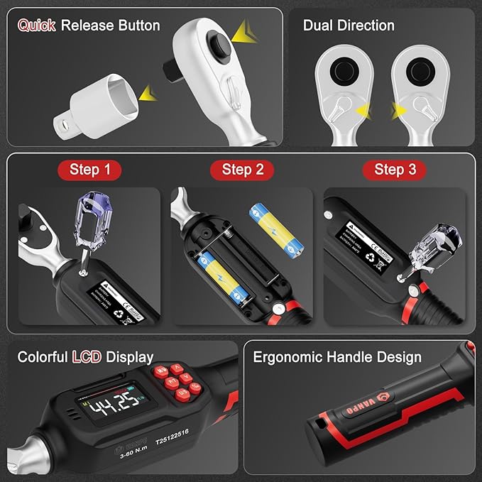 VANPO 3/8-Inch Digital Torque Wrench, 2.21–44.25 ft-lb/3–60 Nm, ±2% Accuracy, Electronic Torque Wrench with LCD Display,Audible & Color Feedback, Data Storage for Car Motorcycle & Mechanical Repair
