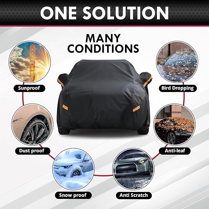 Mid-Size SUV Car Cover Waterproof All Weather, 6 Layer Heavy Duty Material Universal Fit for Mazda CX50, Jeep Cherokee, Rogue, VW Tiguan, Mitsubishi Outlander, BMW X3, Chevrolet Equinox