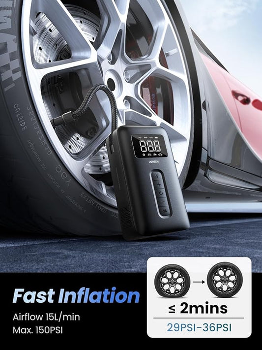 UGREEN Tire Inflator Portable Air Compressor 150PSI Air Pump with Battery LED Light Cordless Tire pump for Cars Bikes Motorcycle Balls