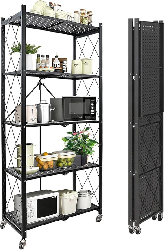 5-Tier Heavy Duty Foldable Metal Rack Storage Shelving Units 28" W x 14" D x 65" H for Kitchen Bakers Closet, Metal Wire,with Wheels Moving Easily