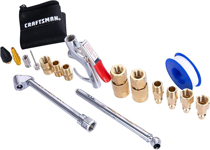 CRAFTSMAN Air Compressor, 20 Gallon, 1.8 HP, Oil-Free Air Tools, Max 175 PSI Pressure, 2 Quick Coupler, Long Lifecycle Low Noise, Model: CMXECXA0232043, Red & 18-pc. Air Accessory Kit (CMXZTSG1004NB)