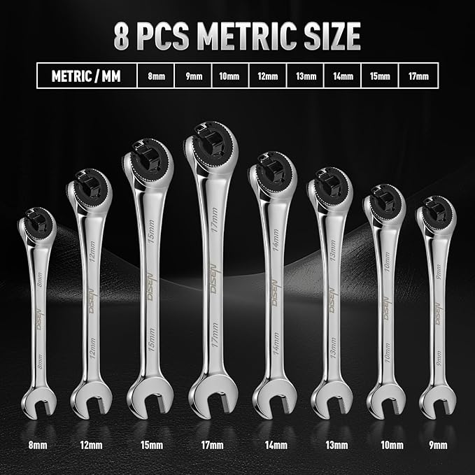 DISEN 8PCS Flare Nut Wrench Set Brake Line Ratcheting Wrench Set Metric 8-17mm, CR-V Steel with Organizer Pouch, Father's Gift