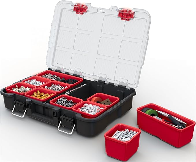 Keter Stack-n-Roll Modular Tools Organizer for Garage Storage and DIY, 3 Piece Resin Rolling Tool Box System for Small Parts, Black