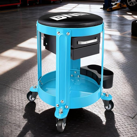 DNA Motoring Round Mechanics Roller Seat Creeper Stool with Padded Cushion, Tool Storage Drawer & Tray, 300 Lbs Max Weight Capacity, Blue, TOOLS-00492