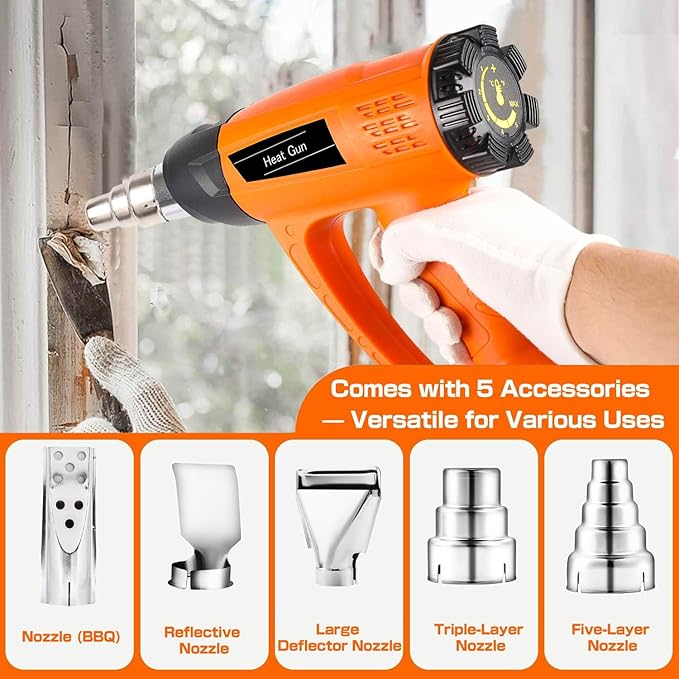 Heat Gun 1800W Heavy Duty Fast Heat Hot Air Gun Kit with 140℉-1112℉ (60℃-600℃) Dual-Temperature Settings and 5 Nozzles with Overheat Protection for Crafts, Shrinking PVC, Stripping Paint, Resin, DIY