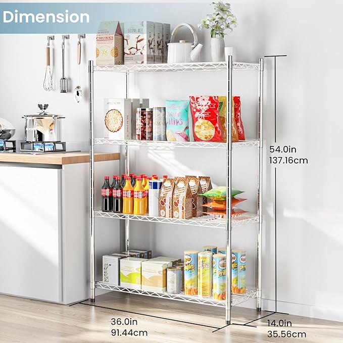 Whitmor 4 Tier Supreme Shelves, Adjustable Metal Storage Shelves, Durable Heavy Duty Shelf, 400 lbs Capacity per Shelf, Max 1600 lbs Total for Kitchen, Garage, Plant, 36"L x 14"W x 54"H, Chrome