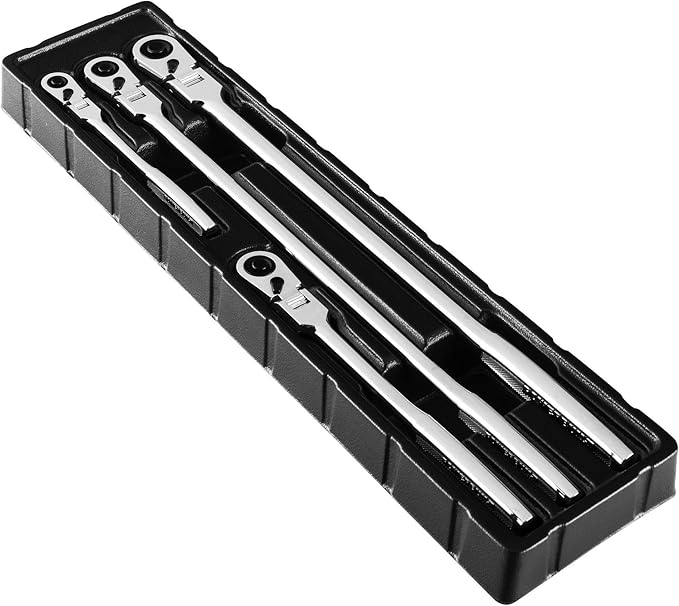 Powerbuilt 4 Piece Pro Tech Long Reach Flex Head Ratchet Set, 72-Tooth, 180° Flex Head, Contoured Grip Handles, 1/4" Dr. x 7", 3/8" Dr. x 9" & 17", 1/2" Dr. x 17" - 240238