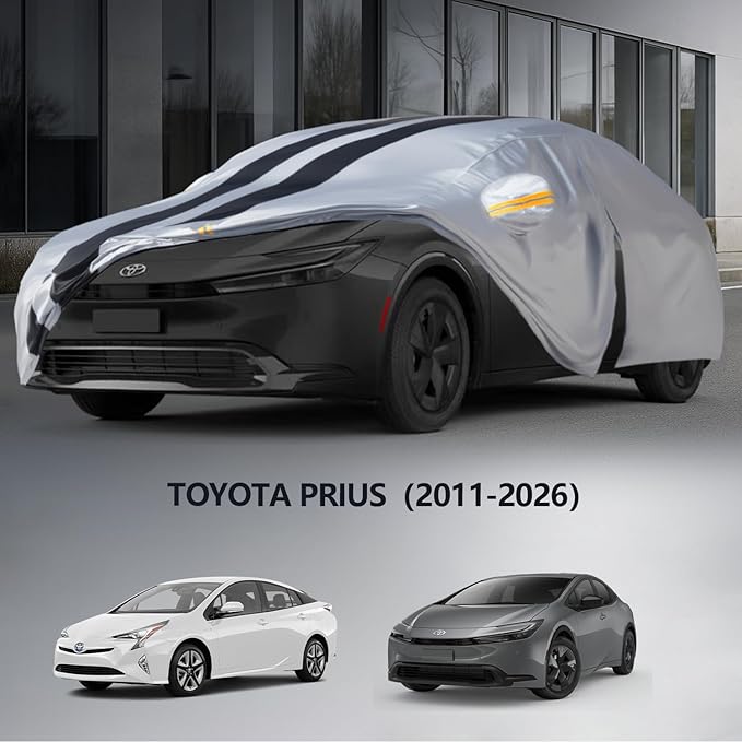 Multi-Layer Car Cover Custom Fit for Toyota Prius(2011-2026), 100% Waterproof All Weather for Automobiles, Gift with Towel, Heavy Duty Car Covers for Rain Sun UV Protection with Door Zipper