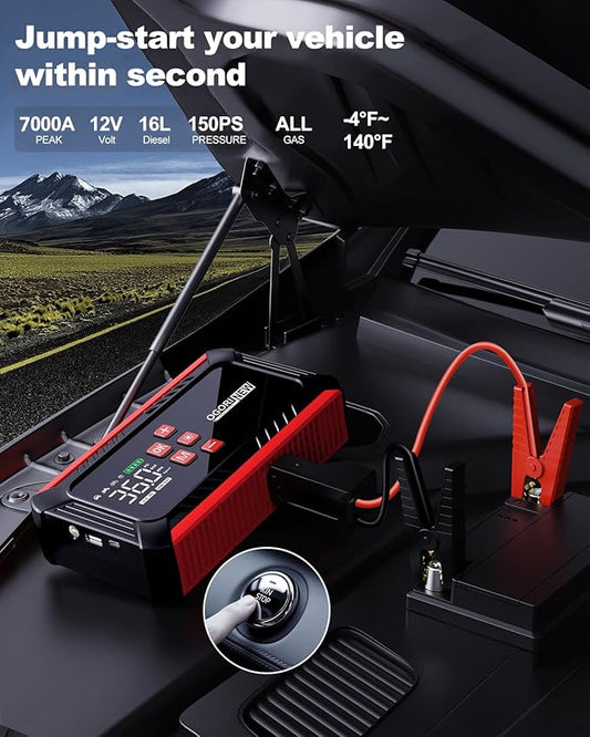 7000A Jump Starter with Air Compressor, 21800mAh Car Battery Jump Starter (All Gas/16.0L Diesel) with 150PSI Auto-Shutoff Tire Inflator, 12V Portable Jump Box with Booster, Jumper Cables