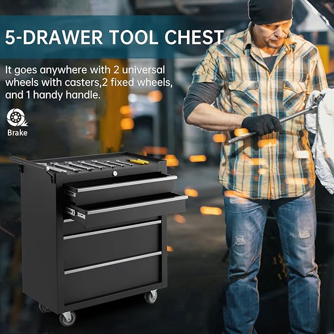 GarveeLife 5-Drawer Tool Box 24" Garage Tool Box with Key Lock and Removable Drawer Liners, Wheeled Design, Suitable for Garages, Warehouses, Workshops, and Repair Shops - Black