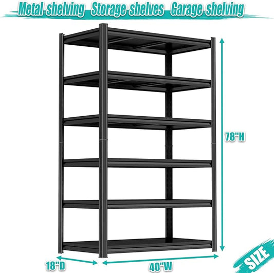 PRESTELION 78" H Metal Shelving 3600LBS Garage Shelving 6 Tier Adjustable Storage Shelves Heavy Duty Garage Shelves for Kitchen Warehouse Pantry Basement, 78" H x 40" W x 18" D, Black