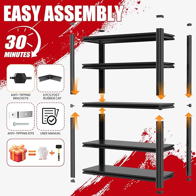 Storage Shelves, 5-Tier Garage Shelving, Adjustable Heavy Duty Shelving Units, Metal Industrial Utility Organizer Storage Racks for Basement,Kitchen,Warehouse,Pantry,12" D×27.5" W×60" H