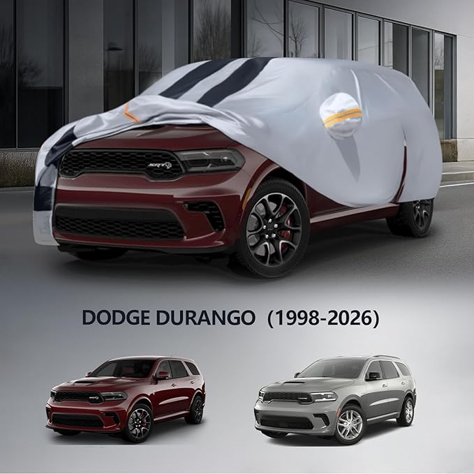 Multi-Layer Car Cover Custom Fit for Dodge Durango(1998-2026), 100% Waterproof All Weather for Automobiles, Gift with Towel, Heavy Duty Car Covers for Rain Sun UV Protection with Door Zipper