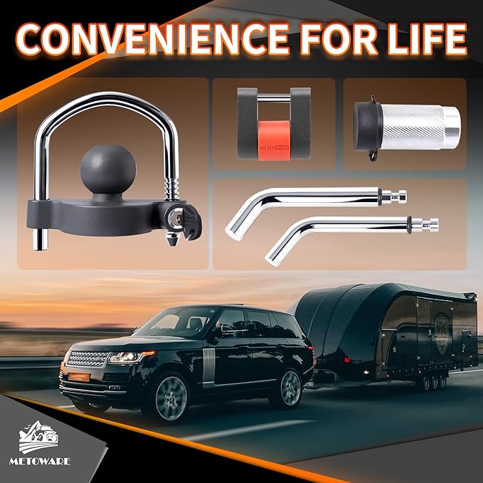 METOWARE Keyed Alike Trailer Lock Set: Universal Trailer Coupler Lock, 2 Dual Bent Pin Trailer Hitch Locks (1/2" & 5/8") and Trailer Tongue Lock - 3-Piece Anti-Theft Towing Security Kit, Grey