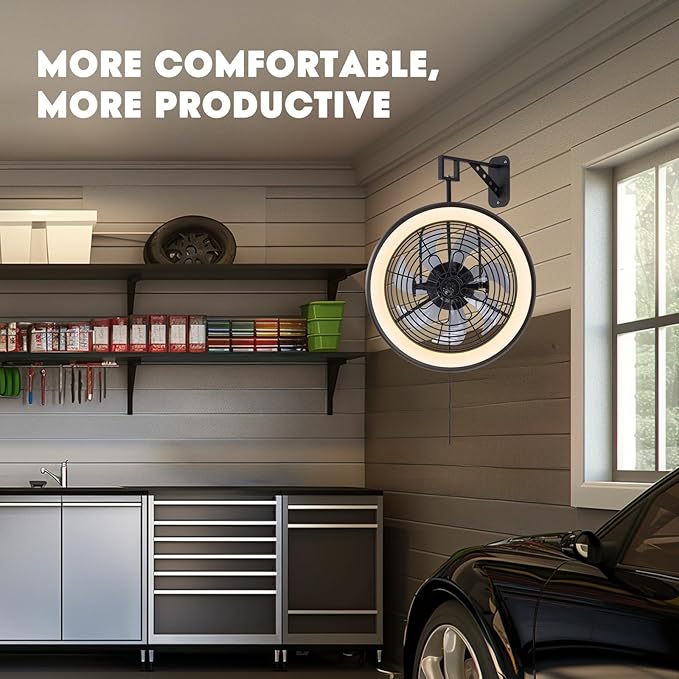 Wall Mounted Fan with Lights, 20” Wall Mount Fan with Remote, 6 Speeds Plug in Wall Fan, Reversible, 3CCT, Dimmable, Noiseless, 360°Adjustable Tilt for Workshop, Patio, Home